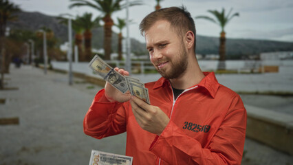 Prisoner man in orange jumpsuit numbered 3825869 counting cash with bare hands on a street...