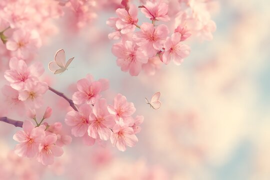 Illustration of delicate pink cherry blossom flowers with two white butterflies flying - Powered by Adobe