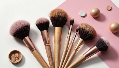 A set of makeup brushes with wooden handles on a pink and white background in a minimalist style