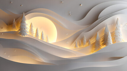 A serene paper art scene featuring layered white trees against a soft-lit backdrop of rolling hills and a glowing sun.
