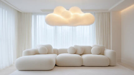 2026 color trend. Minimalist living room featuring oversized soft off-white sofa with round cushions, illuminated by a unique cloud-shaped pendant light, creating a serene and inviting atmosphere
