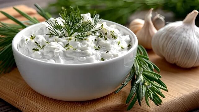 Creamy garlic dip made with fresh herbs and yogurt for a flavorful snack or appetizer
