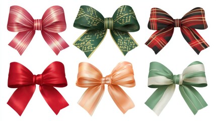 Six vibrant decorative bows are arranged in two rows showcasing diverse colors and patterns perfect for gift wrapping celebrations and holidays. Each bow features unique designs and textures.