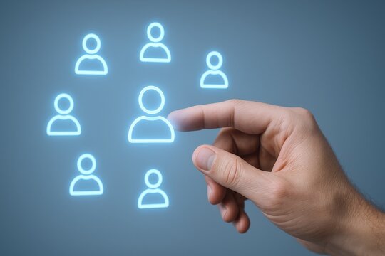 Human Resources Concept: Hand Pointing to Individual Amongst Group of Glowing Icons on Gray Background - Powered by Adobe