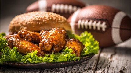 Delicious Chicken Wings and Burger with Footballs: A Perfect Game Day Feast for Fans