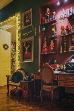Christmas home decor, set-ups and decorations. Christmas spirit and home decor with a lot of details, in a warm and gentle light with a rich bokeh.