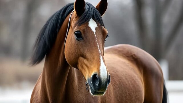 Majestic brown horse standing peacefully in a lush field during early morning light