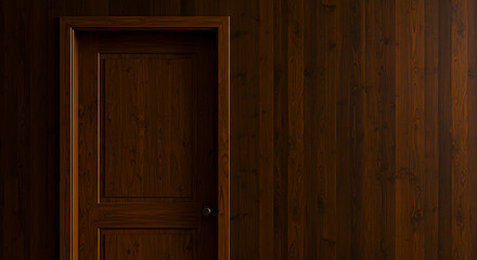 Fototapeta premium Closed wooden door against a dark wood paneled wall, providing a sense of mystery and intrigue