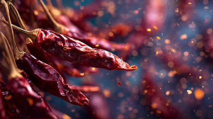 Close-up of dried red chilies forming a vibrant hot chili background.