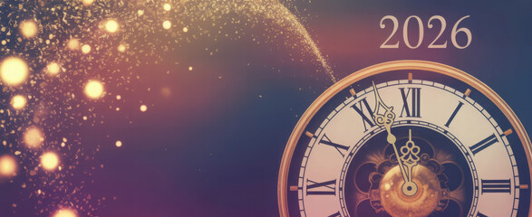 Elegant clock face with bokeh lights and the year 2026 a festive design for New Years celebrations and time-related themes