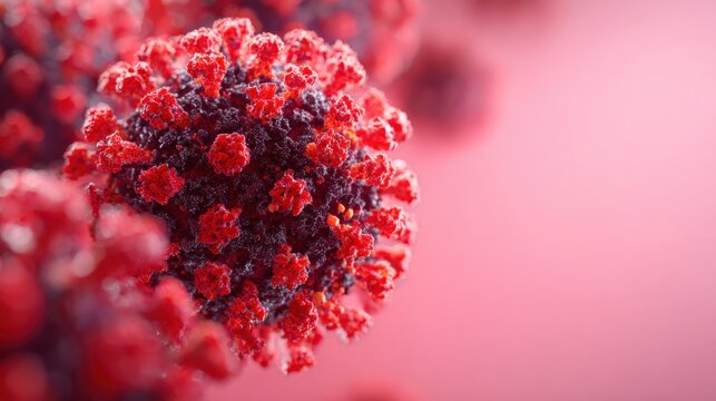 3D Rendered Coronavirus Particle with Spike Proteins on a Pink Gradient Background Illustrating Viral Structure