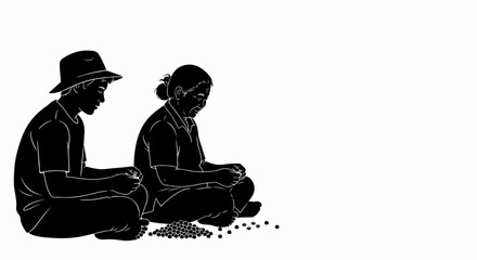 Farmer family working together on coffee bean harvest, coffee bean harvest showing two people carefully sorting seeds. Coffee bean harvest is a collaborative, detail-oriented task, requiring skill.