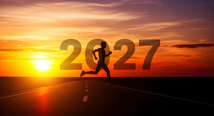 Silhouette of a runner against a vibrant sunset with the year 2027 superimposed.
