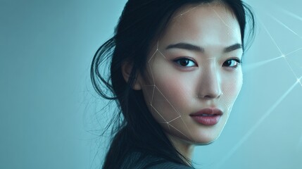 Beautiful Asian Woman with Futuristic Interface Overlay: AI, Technology, and Modern Portrait