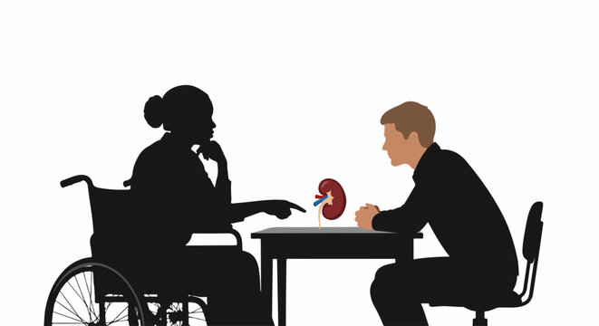 Kidney transplant discussion with doctor, patient sitting in wheelchair. Kidney transplant explanation including organ model and details regarding surgical procedure. - Powered by Adobe