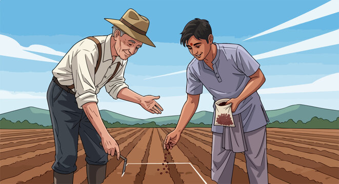 Two farmers planting seeds in field, one European and one Asian, working together on farm. Planting seeds manually with tools, illustrating farming techniques. - Powered by Adobe