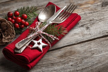 Christmas table setting with festive decorations on a rustic wooden background