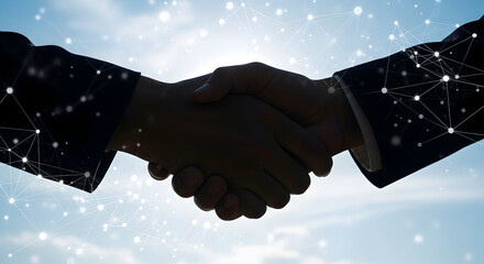 Silhouette of Two Business People Shaking Hands with Digital Network Overlay.
