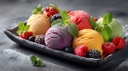 A black dish holds five vibrant scoops of ice cream in various flavors surrounded by fresh berries and mint leaves. The scene is set on a dark surface enhancing the colors.
