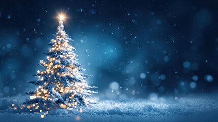 Illuminated Christmas Tree Under a Starry Sky: Festive Holiday Season Background with Bokeh