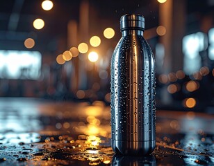 Close-up stainless steel water bottle covered in sweat drops, dramatic contrast gym background, athletic hydration and fitness motivation concept.