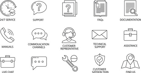 Customer service icon vector set, black-and-white labeled symbols for support, communication, and satisfaction