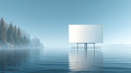 Blank Billboard Mockup on Serene Lake, Ideal for Advertising Campaigns and Outdoor Promotions