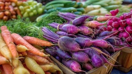 Vibrant vegetables are arranged at a local market in the morning light. Carrots in orange and purple radishes create a colorful display inviting shoppers to explore fresh produce.