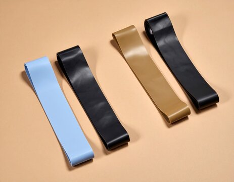 Artistic close-up of resistance bands arranged on soft beige background, minimal aesthetic, modern fitness concept with clean composition and soft shadows.