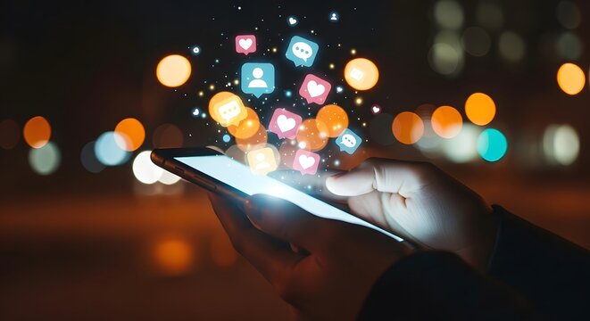 Smartphone screen displaying social media icons and notifications at night. - Powered by Adobe