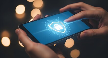 Smartphone Security Shield Icon Glowing on Screen with Bokeh Lights.