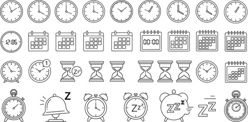 Time and sleep icon vector set, black-and-white line symbols for scheduling, rest, and productivity