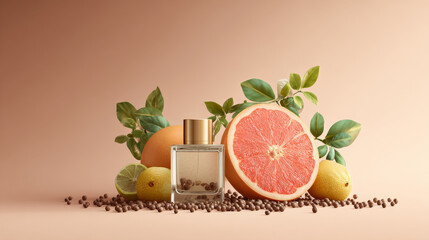 Centered coriander seeds surrounded by grapefruit and bergamot with citrus fruits and leaves, styled in a minimal, elegant, contemporary way, evoking a fresh, vibrant perfume theme for marketing prese