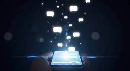 Smartphone Sending Digital Messages and Notifications into the Night Sky.
