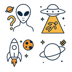 Fototapeta premium Alien icons and space illustrations in linear style with planets 