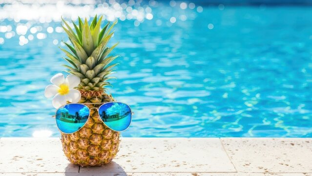 Creative food and travel concept card with hipster ananas in glasses