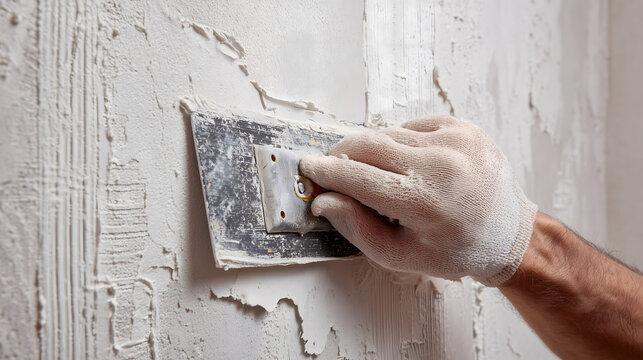 Travail sur un mur avec un outil de lissage de pl&acirc;tre pour la r&eacute;novation de l'int&eacute;rieur d'une maison.