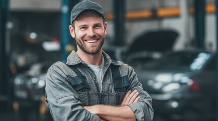 Fototapeta premium A skilled mechanic stands confidently with arms crossed in a busy automotive workshop. The space is filled with vehicles and tools showcasing a professional environment during daytime.