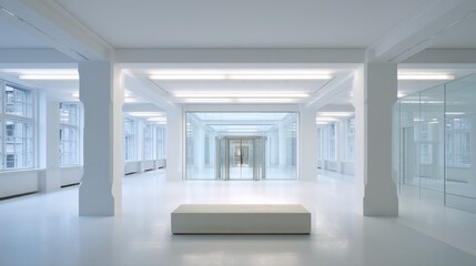Bright Modern Office Space with White Columns and Glass Walls, Clean Architecture and Minimalist Design