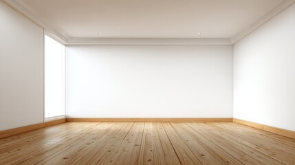 Fototapeta premium Empty Room with White Walls and Wood Floor, Illuminated by Natural Light from Window