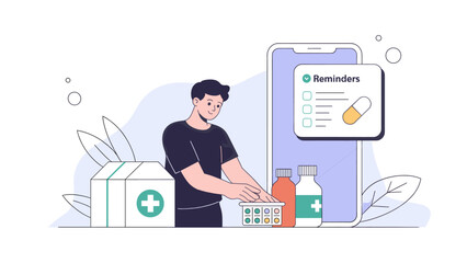 man organizing medications with a reminder app on his phone, vector illustration for medication management, online pharmacy, and prescription delivery