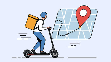 delivery person on an electric scooter following a map route, vector illustration for urban courier service and last-mile logistics