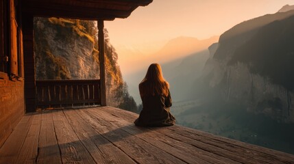 A woman sits peacefully on the wooden porch of a mountain cabin gazing at the stunning sunset over the valley. Golden light illuminates the landscape creating a tranquil atmosphere.