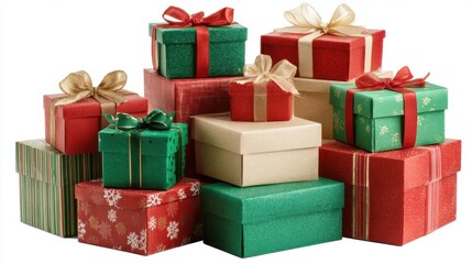 Obraz premium A vibrant collection of gift boxes in various shapes and sizes wrapped in colorful paper and ribbons. Perfectly arranged for holiday festivities and celebrations.