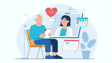 elderly man having an online consultation with a female doctor, vector illustration for telemedicine, senior care, and virtual healthcare
