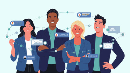 diverse group of professionals connected through a social media network, vector illustration for business connections and online community building