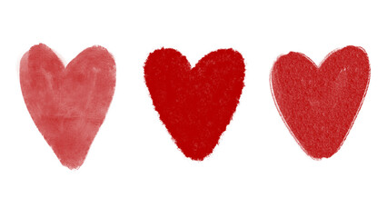 Three hand painted hearts in red on transparent background. Artistic texture and brushstroke style. For Valentine's Day, love-themed designs, or romantic creative projects. PNG. Watercolor-style heart