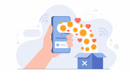 hand sending money and hearts from a smartphone into a box, vector illustration for online donation, digital charity, and mobile fundraising