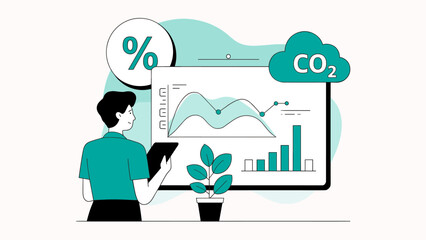 person analyzing a carbon offset dashboard, vector illustration for co2 emissions tracking and sustainability reporting