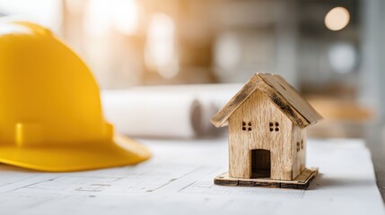 Construction Planning with Miniature House, Hard Hat and Blueprints, Showing Architectural Design and Safety Measures